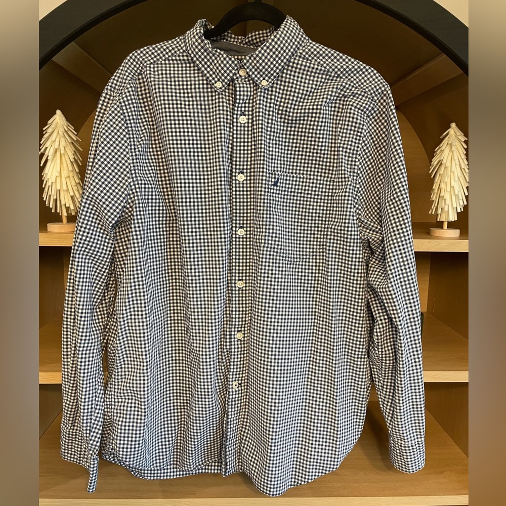 Nautica Men's Navy and White Gingham Button-Down Shirt Size XL